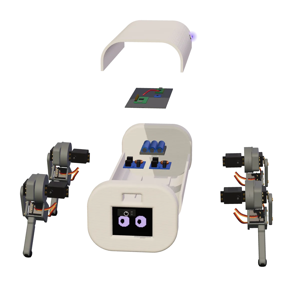 Exploded view of the roboPet model: shell lifted off, control boards and battery pack above the chassis, four servo legs pulled out to the sides.